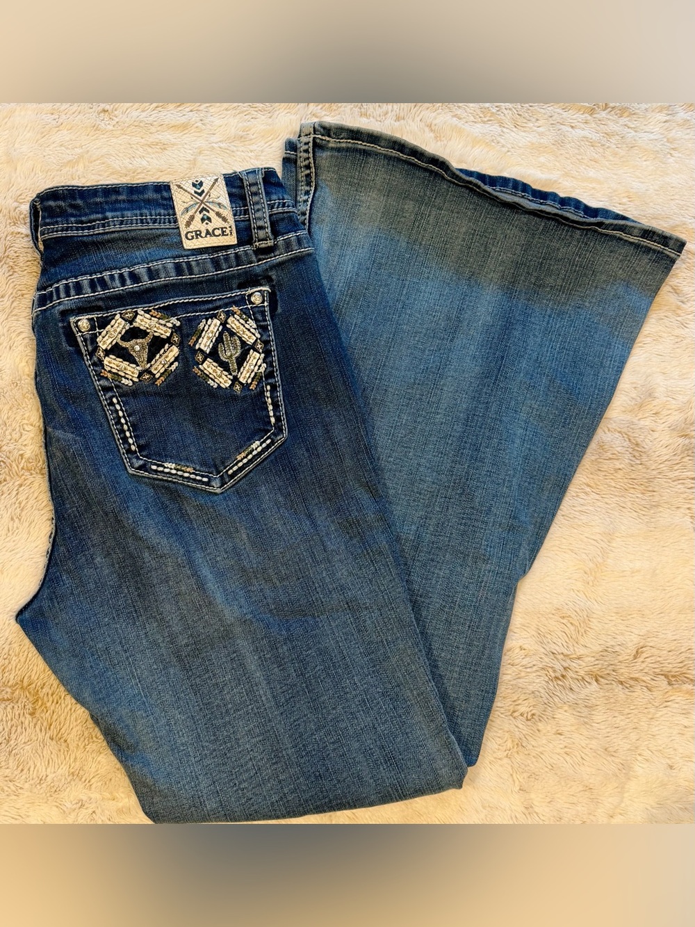 Grace Women’s Medium Blue Bootcut Jeans with Beaded Back Pockets - Picture 5 of 10